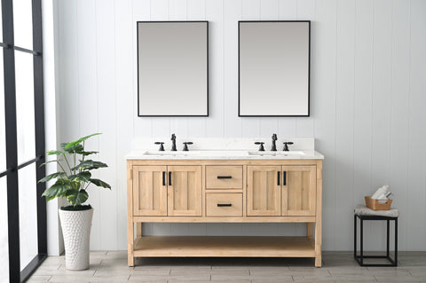 Harvey 60" Rustic Modern Farmhouse Vanity with Carrara White Top - Teak White