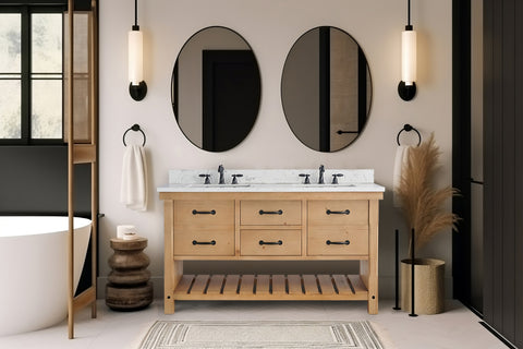Jack 60" Rustic Modern Farmhouse Vanity with Carrara White Top - Natural