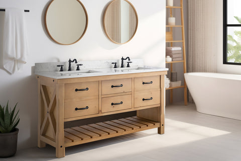 Jack 60" Rustic Modern Farmhouse Vanity with Carrara White Top - Natural