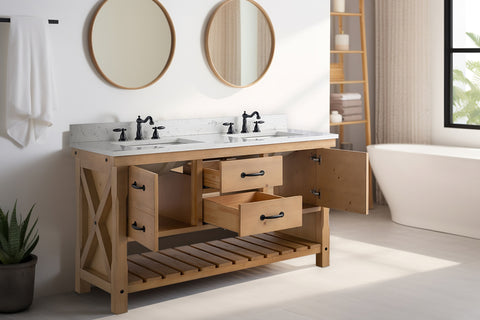 Jack 60" Rustic Modern Farmhouse Vanity with Carrara White Top - Natural