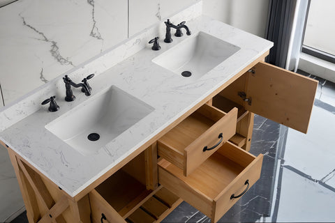 Jack 60" Rustic Modern Farmhouse Vanity with Carrara White Top - Natural
