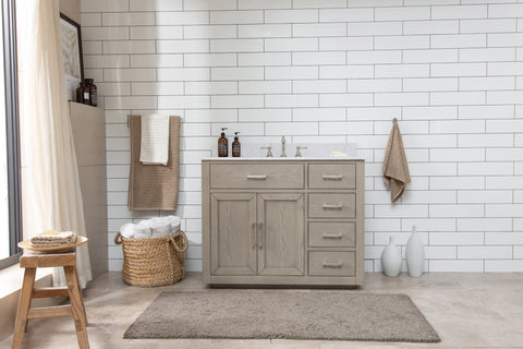 Grace 42" Mid-century Vanity Set with Carrara White Top - Antique Gray Oak
