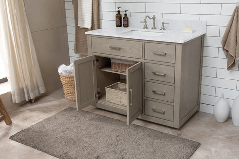 Grace 42" Mid-century Vanity Set with Carrara White Top - Antique Gray Oak