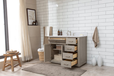 Grace 42" Mid-century Vanity Set with Carrara White Top - Antique Gray Oak