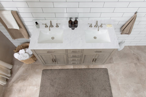 Grace 60" Mid-century Vanity Set with Carrara White Top - Antique Gray Oak