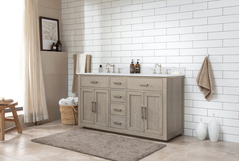 Grace 60" Mid-century Vanity Set with Carrara White Top - Antique Gray Oak