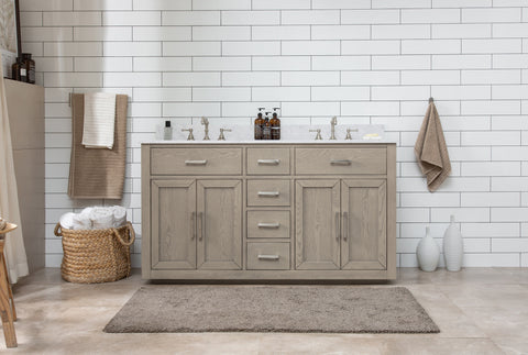 Grace 60" Mid-century Vanity Set with Carrara White Top - Antique Gray Oak
