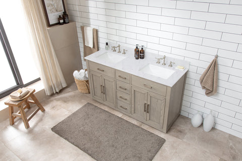 Grace 60" Mid-century Vanity Set with Carrara White Top - Antique Gray Oak