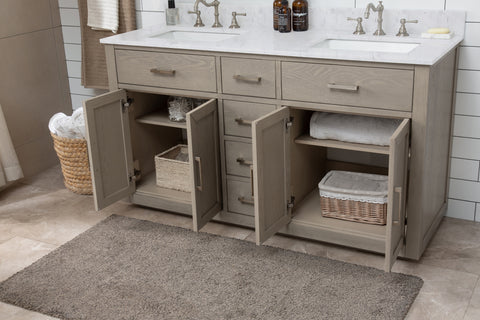 Grace 60" Mid-century Vanity Set with Carrara White Top - Antique Gray Oak