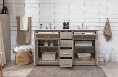 Grace 60" Mid-century Vanity Set with Carrara White Top - Antique Gray Oak