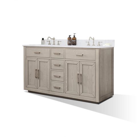 Grace 60" Mid-century Vanity Set with Carrara White Top - Antique Gray Oak