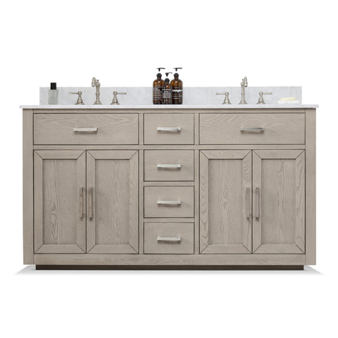 Grace 60" Mid-century Vanity Set with Carrara White Top - Antique Gray Oak