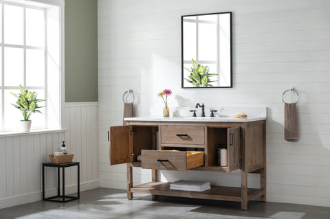 Harvey 54" Rustic Modern Farmhouse Vanity with Carrara White Top - Brown Spruce