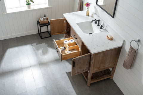 Harvey 54" Rustic Modern Farmhouse Vanity with Carrara White Top - Brown Spruce