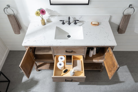 Harvey 54" Rustic Modern Farmhouse Vanity with Carrara White Top - Brown Spruce