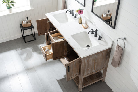 Harvey 60" Rustic Modern Farmhouse Vanity with Carrara White Top - Brown Spruce